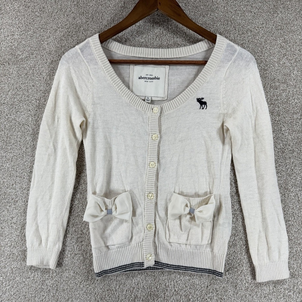 VTG Y2K Abercrombie Stretch Cardigan Bows XL Bella Swan Coquette Logo Ivory